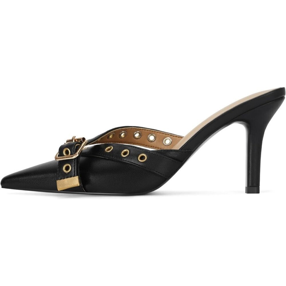 Women's Black Faux Leather Pointed Closed Toe Kitten Bow Stiletto Pumps Heels